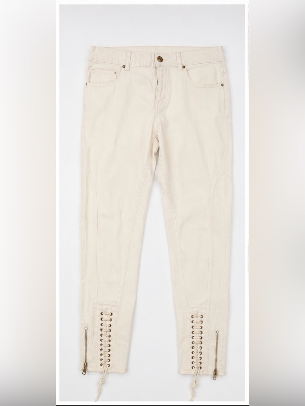 Gucci Tan Leather Logo Patch on Cream Denim